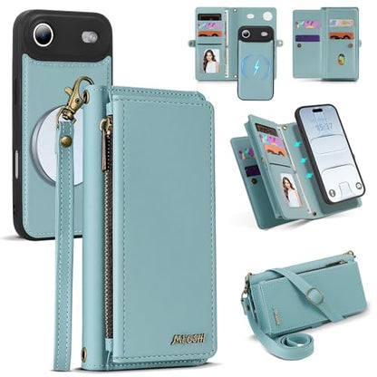for iPhone 17 Air Wallet Case, Detachable Magnetic Phone Case,Faux Leather Strap Wallet,with RFID Blocking，Zipper Card Holder，Shoulder Straps (Blue) - color: Blue, size: iPhone 17 Air