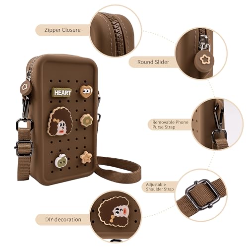Candy Small Crossbody Bag with Charms, Beaded Phone Wrist Strap Bundle, Cellphone Purse and Hands-Free Wristlet Bracelet (Brown) - color: Brown