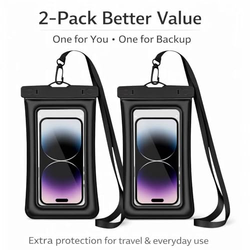 Floating Waterproof Phone Pouch (2-Pack), IPX8 Dry Bag with Built-in Airbag, Touch-Friendly Clear Case with Lanyard for Beach, Swimming, Kayaking & Cruise, Fits Phones up to 7.2" (Black) - color: Black-Black