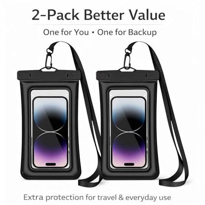 Floating Waterproof Phone Pouch (2-Pack), IPX8 Dry Bag with Built-in Airbag, Touch-Friendly Clear Case with Lanyard for Beach, Swimming, Kayaking & Cruise, Fits Phones up to 7.2" (Black) - color: Black-Black