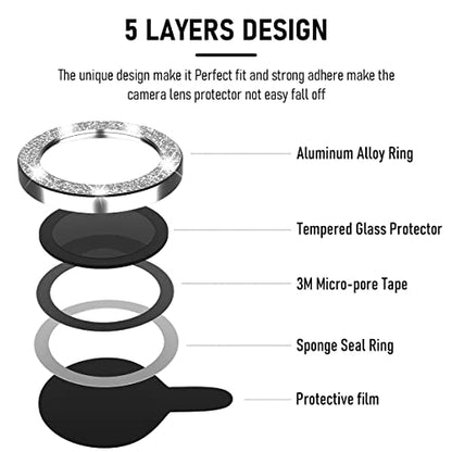 Suoman 3-Pack for iPhone 13 Pro 6.1 inch / 13 Pro Max 6.7 inch Camera Lens Protector, 9H Hardness Tempered Glass Film, [Glitter diamonds] Individual Metal Protective Cover- Silver - color: Silver