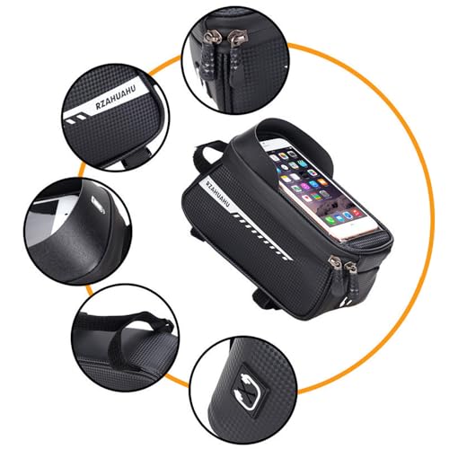 Bike/Bicycle Phone Holder Bag, Bicycle Front Frame Bag, Waterproof Tube Bag, Bike Accessories, Cycling Pouch with TPU Touch-Screen& Sun-Visor Compatible Phone Under 6.5” (Black) - color: Black