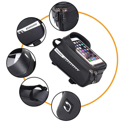 Bike/Bicycle Phone Holder Bag, Bicycle Front Frame Bag, Waterproof Tube Bag, Bike Accessories, Cycling Pouch with TPU Touch-Screen& Sun-Visor Compatible Phone Under 6.5” (Black) - color: Black