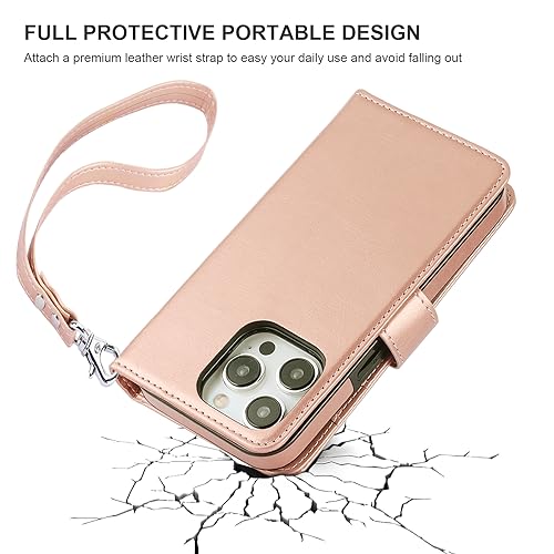 Bocasal Detachable Wallet Case Card Holder for iPhone 15 Pro, Rose Gold | RFID Blocking Kickstand Card Slots Holder PU Leather Magnetic Shockproof Wrist Strap Removable Flip Protective Cover 6.1 inch - color: Rose Gold