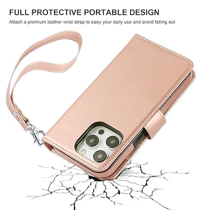 Bocasal Detachable Wallet Case Card Holder for iPhone 15 Pro, Rose Gold | RFID Blocking Kickstand Card Slots Holder PU Leather Magnetic Shockproof Wrist Strap Removable Flip Protective Cover 6.1 inch - color: Rose Gold