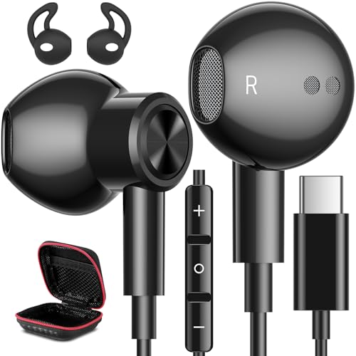 USB C Headphones Magnetic Wired Earbuds with Mic for Apple/Samsung Android - color: Black