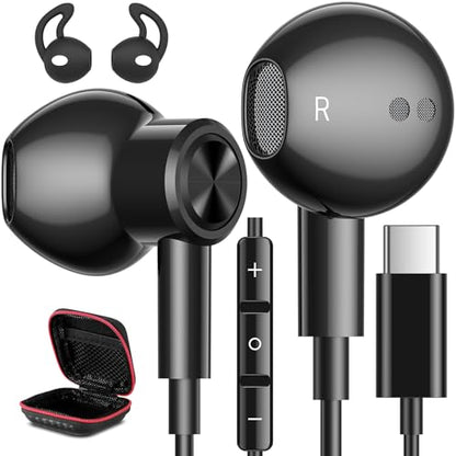 USB C Headphones Magnetic Wired Earbuds with Mic for Apple/Samsung Android - color: Black