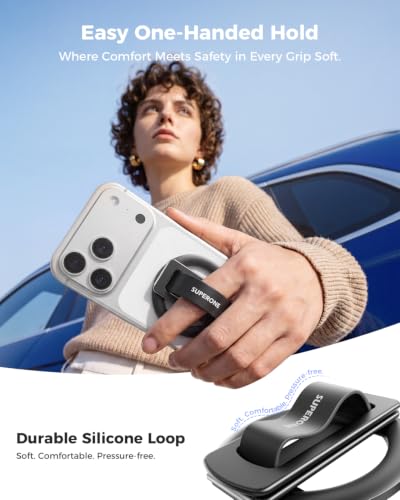 SUPERONE for MagSafe Phone Grip, Soft Silicone Loop & Dual-Fold Kickstand - color: Black