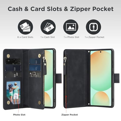 for Samsung Galaxy S24-FE-Wallet Case: with RFID Blocking Card Slots (6 Cards) | Soft PU Leather Magnetic Snap Zipper Pocket | Crossbody Wrist Strap Protective Phone Cover - Black - color: Black, size: Galaxy S24 FE（6.7‘’）