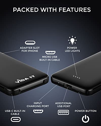 Compact Power Bank Portable Battery Pack for Heated Clothing Vest Jacket Hoodie 5000mAh Pocket Size Portable Charger for iPhone Android Cellphone Portable Battery Charger with Built-In Cable USB/USB-C
