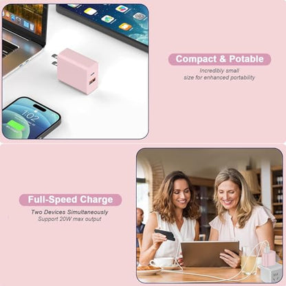 10FT iPhone 17/16e Fast Charger,2Pack 20W Dual Port USBA+C QC Apple Adapter - color: Blue/Pink