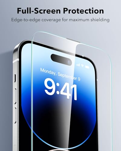 ESR 3 Pack for iPhone 14 Pro Screen Protector, Classic | Easy One-Pull Installation, 2X Impact Absorption, 9H Tempered Glass, Full-Coverage Protection, UltraFit Tray, Bubble-Free - size: iPhone 14 Pro 6.1 inch