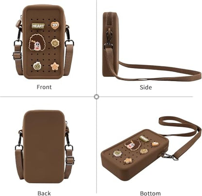 Silicone Crossbody Bag for Women, DIY Charm Compatible Perforated Hole Design, Compact Waterproof Lightweight Phone Purse with Adjustable Strap for Daily Use (Brown) - color: Brown