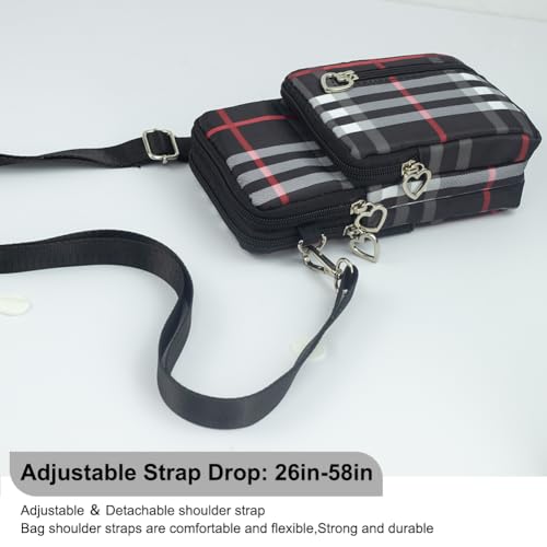 Small Crossbody Bag for Women, Multi Zip Pockets Nylon Wallet Purse Credit Card Holder with Detachable Hand Strap - color: Black Grid