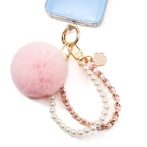 WOZEAH Phone Charm for Women, Beaded Wrist Strap Lanyard with Tether Tab – Detachable Phone Chain Wristlet - color: Pink Pompom