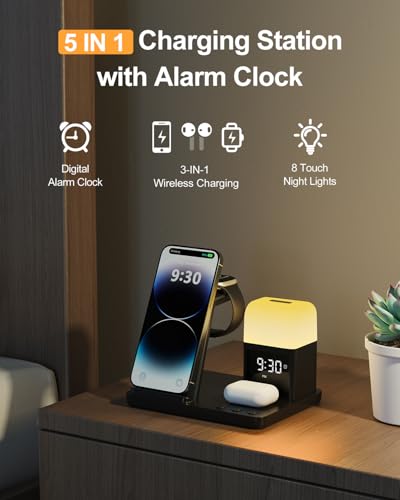 Wireless Charging Station Alarm Clock with 8 Touch Night Lights: 5 in 1 Charger Stand for Apple Devices, Charging Dock for iPhone 17 16 15 14 13 12 Pro Max Plus/Apple Watch/AirPods, Dimmable