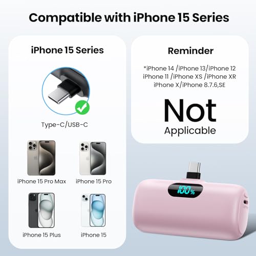 Mini Portable Charger USB C Power Bank,Upgraded 5000mAh PD Fast Charging Battery Pack Built-in USB-C Connector Travel Essential for iPhone17/17Pro/17Pro Max/Air/16 Plus/16Pro Max/15 Series,Android etc - color: Pink