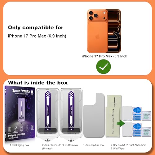 360° 4 Way Privacy Screen Protector for iPhone 17 Pro Max [2 Pack], Anti-Spy Tempered Glass, 9H Hardness Shatterproof, 3D Curved Edges, Case-Friendly, Bubble-Free Easy Installation - size: for iPhone 17 Pro Max