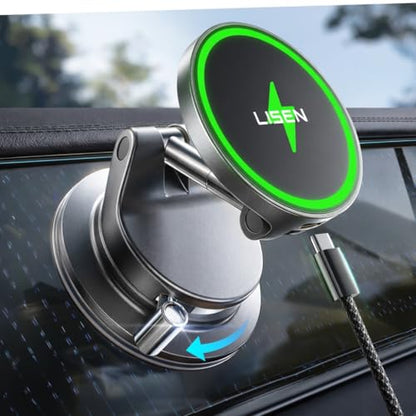 LISEN 15W MagSafe Car Mount Charger, Magnetic Wireless Car Phone Holder - color: Black, size: 1 Pack