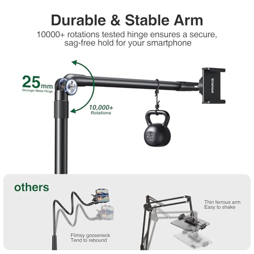 elitehood Aluminum Arm Phone Holder for Bed [360° Swivel Tilt Rotation], Adjustable Bedside Phone Holder Laying Down, iPhone Stand for Bed Desk Overhead, iPhone Clamp Mount Fit All 4-7’’ Cellphone