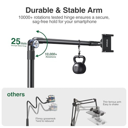 elitehood Aluminum Arm Phone Holder for Bed [360° Swivel Tilt Rotation], Adjustable Bedside Phone Holder Laying Down, iPhone Stand for Bed Desk Overhead, iPhone Clamp Mount Fit All 4-7’’ Cellphone