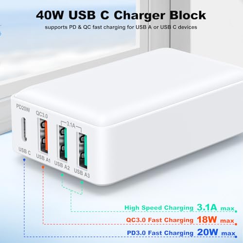 Flat USB Wall Charger, Excgood 40W 4Port USB and USB C Fast Charging Block - color: White