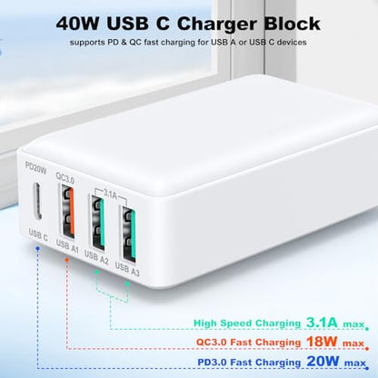 Flat USB Wall Charger, Excgood 40W 4Port USB and USB C Fast Charging Block - color: White