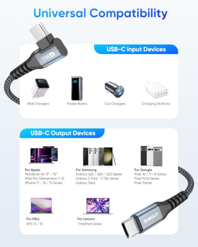 SUNGUY Right Angle USB C to USB C Cable 5FT 2Pack 60W Fast Charging - size: 5FT