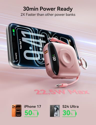 Portable Charger 10000mAh 22.5W Power Bank Built-in 2 Cables Keychain - color: Rose Gold