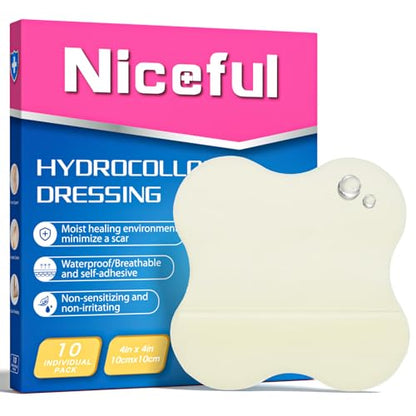 Niceful Hydrocolloid Bandages 4"x4" for Knee, Elbow, 10 Count - size: 4" x 4" (10 Dressings)