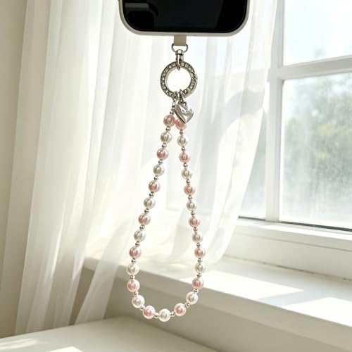 Phone Charm Wrist Strap for Women, Detachable Anti-Theft Cell Phone Case Camera AirPods Bags Keychains Lanyard with Tether Tab for iPhone, Samsung and Most Smartphones, Hand-free Beaded Chain (Pink) - color: Pink