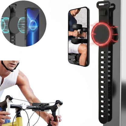 Super Strong Gym Fitness Secure Silicone Strap Phone Mount for MagSafe Compatible Devices, Multi use for Gym Equipment Stroller Treadmill Peloton Exercise Bikes and anything Magnet stick on to
