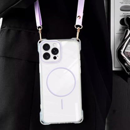 Magnetic for iPhone 17 Pro Crossbody Phone Case,Clear/Purple,Clear Magnetic Soft Frame PC Back Shockproof Protective Phone Cover with Adjustable Detachable Lanyard,Compatible with MagSafe - color: Clear/Purple, size: iPhone 17 Pro