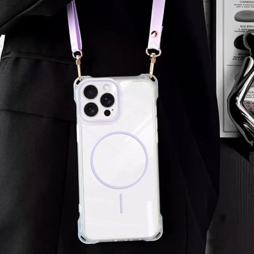 Magnetic for iPhone 17 Pro Max Crossbody Phone Case,Clear/Purple,Clear Magnetic Soft Frame PC Back Shockproof Protective Phone Cover with Adjustable Detachable Lanyard,Compatible with MagSafe - color: Clear/Purple, size: iPhone 17 Pro Max