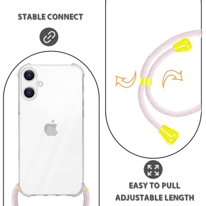 Clear Case for iPhone 16 Adjustable Lanyard Neck Strap for Women Soft TPU Rubber Bumper Case Cover Transparent Slim Shockproof Protective Phone Case for iPhone 16 - Rose Gold - size: for iPhone 16