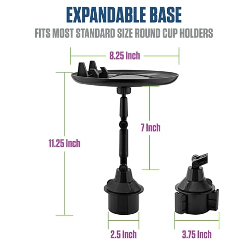 Cellet Cup Holder Tray for Car with Phone Mount – Expandable Base, 360° Rotation Food & Drink Tray with Non-Slip Surface, Adjustable Arm for Eating in Vehicle – Fits Most Standard Car Cup Holders - style: Food Tray
