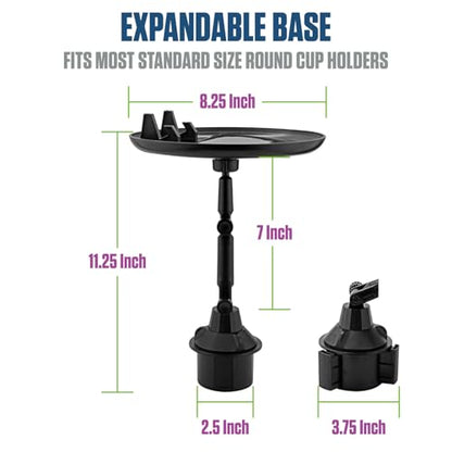 Cellet Cup Holder Tray for Car with Phone Mount – Expandable Base, 360° Rotation Food & Drink Tray with Non-Slip Surface, Adjustable Arm for Eating in Vehicle – Fits Most Standard Car Cup Holders - style: Food Tray