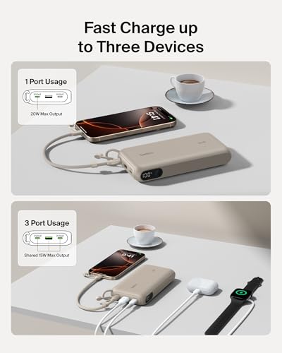 Belkin 20000mAh 20W Power Bank, Digital Display, 2 USB C and USB A Ports - color: Sand, style: 20K mAh