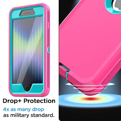 AICase for iPhone SE Case 3rd & 2nd Generation, for iPhone SE 2022/2020 Built-in Screen Protector Heavy Duty Protective Shockproof 3-Layer Full Body Rugged Phone Cover, Pink/Aqua Blue - color: Pink/aqua blue