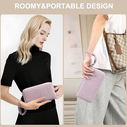 yiijay Womens Wallet RFID Blocking Large Capacity Vegan Leather Double Zip Wristlet Wallet Card Holder Travel Ladies Clutch - color: Light Purple