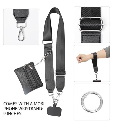Clip and Go Phone Strap with Zippered Pouch,Phone Strap with Cellphone Chain Accessories - color: Black