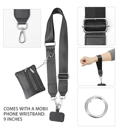 Clip and Go Phone Strap with Zippered Pouch,Phone Strap with Cellphone Chain Accessories - color: Black