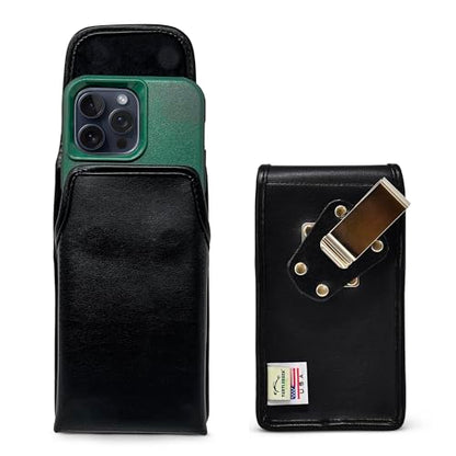Turtleback Belt Clip for iPhone 16 Pro Max, 15 Pro Max, 14 Pro Max -Medium- Fits w/Shockproof Commuter Style Cases, Premium Black Leather Vertical Belt Holder, Magnetic Closure HD Rotating Clip - color: Vertical - Leather w/ HD Clip, size: Medium