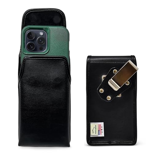 Turtleback Belt Clip for iPhone 16 Pro Max, 15 Pro Max, 14 Pro Max -Medium- Fits w/Shockproof Commuter Style Cases, Premium Black Leather Vertical Belt Holder, Magnetic Closure HD Rotating Clip - color: Vertical - Leather w/ HD Clip, size: Medium