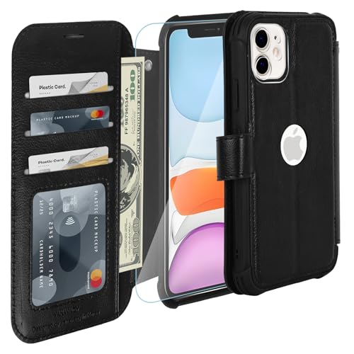 VANAVAGY Wallet Case for iPhone 11 6.1 inch, Black | 12ft Drop-proof Cover for Women Men, Silm PU Leather, RFID Blocking Card Holder, Wrist Strap, Screen Protector - color: Black
