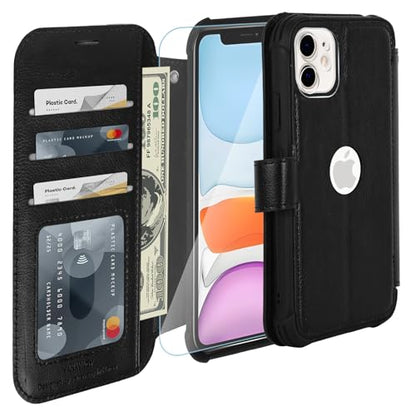 VANAVAGY Wallet Case for iPhone 11 6.1 inch, Black | 12ft Drop-proof Cover for Women Men, Silm PU Leather, RFID Blocking Card Holder, Wrist Strap, Screen Protector - color: Black