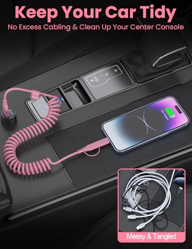 Pink Coiled Car Charging Cable 2-in-1 (USB-C & Lightning), 3FT Cute Car Accessories for iPhone 17/16/15, Samsung Galaxy — Supports Apple CarPlay & Android Auto - color: Pink