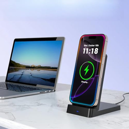 15W Foldable Double Coil Wireless Charger Phone Holder Stand for iPhone 17 16 15 14 13 12 Pro Max Samsung Xiaomi Fast Charging Station (Black)