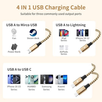 4 in 2 Multi Charging Cable, USBA/C Universal Charging Cords 2 Pack 5FT - color: Gold