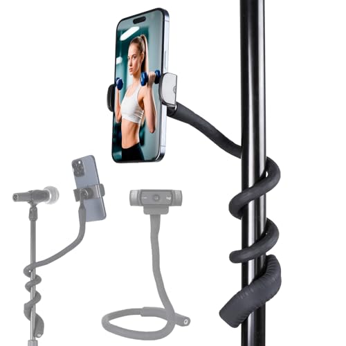 Portable Flexible Phone Holder with Handle for Treadmill, Spin Bike, Stroller, Tripod, Shopping Cart, Desk, Logitech Webcam, 23.6" / 60cm Long Arm Gooseneck Phone Mount for 4.7”- 7" Cell Phones